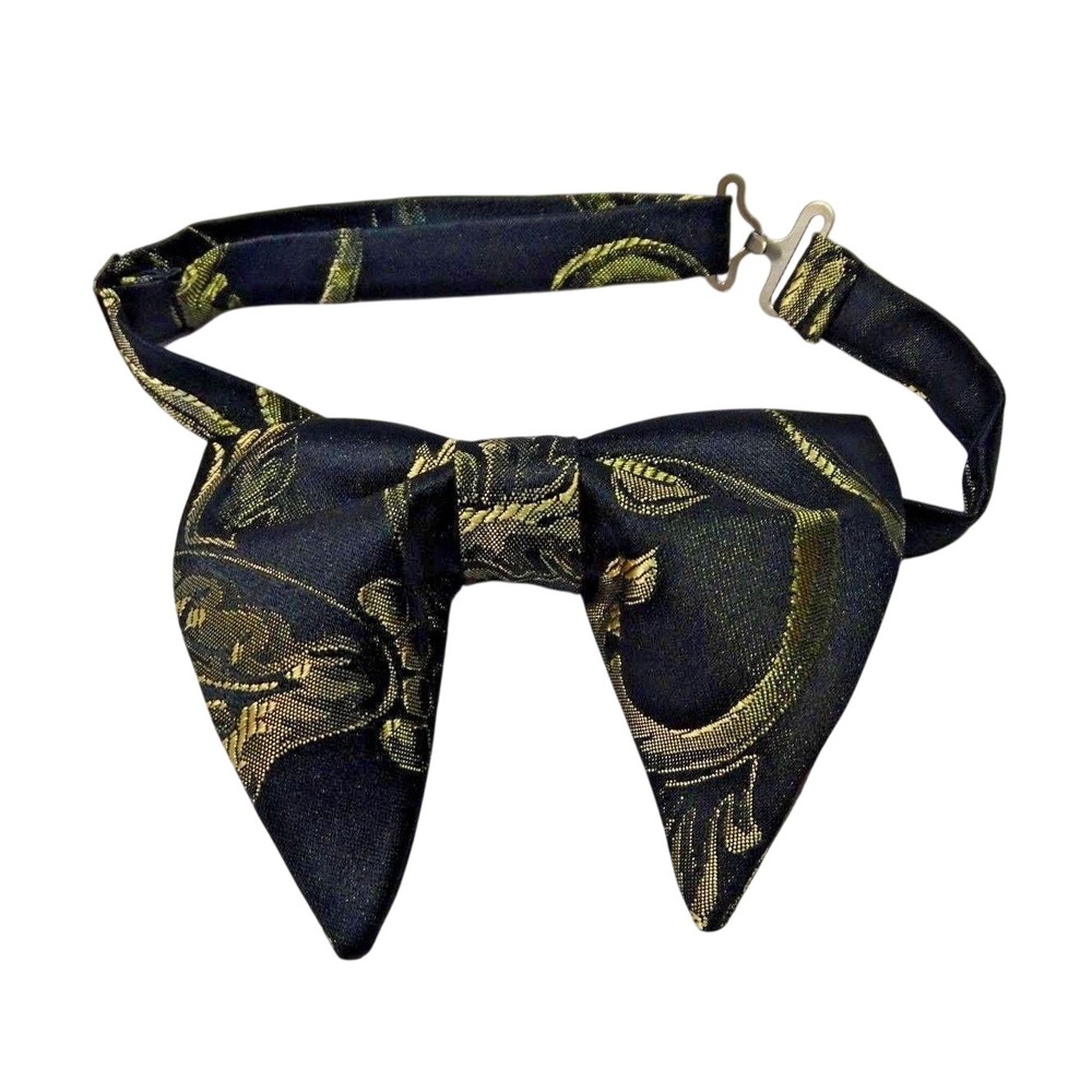 Vintage Black Gold‎ Floral Brocade Butterfly Wing Bow Tie Pre-Tied Adjustable